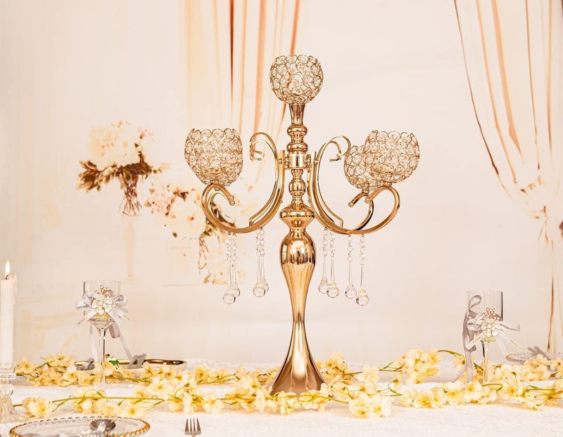 LANLONG Gold Centerpiece for Table, 25.6in Candle Holder for Table Centerpieces, 5Arms Tall Crystal Candelabra Candle Holder, Candelabra Centerpieces for Table Wedding Christmas Party Event - Image 4